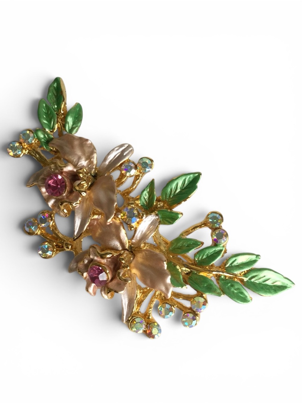 Estate Vtg 1960s Gold‑Tone Enamel Floral Spray Brooch with Pink & AB Rhinestones - Picture 7 of 13